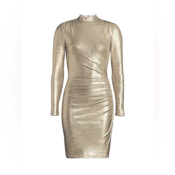 Alice + Olivia Hilary Ruched Mock Neck Dress in Pale Gold - NWT Never Worn - Picture 6 of 9